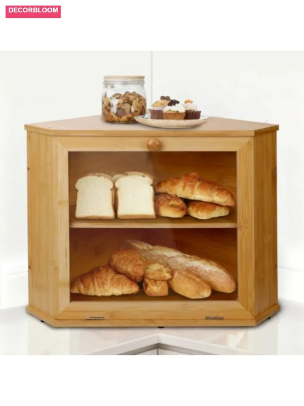 2-Tier Corner Bread Box Natural Bamboo Kitchen Countertop Storage